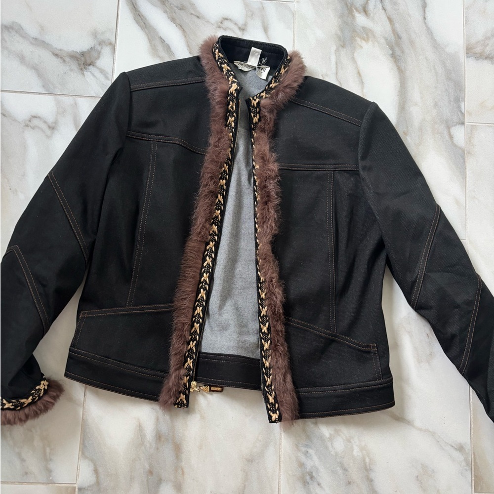 FUR TRIMMED AS NEW SHAPE ST JOHN SPANDEX DENIM JACKET